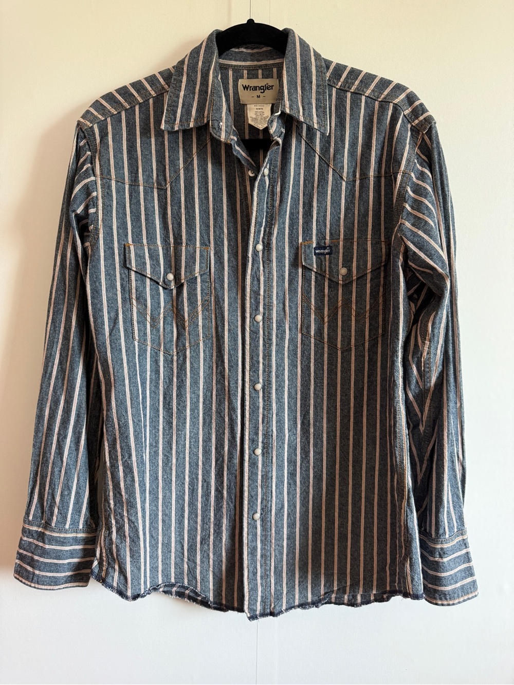 Wrangler Pearl Snap Western Shirt Blue Stripe Cowboy Rodeo Women M